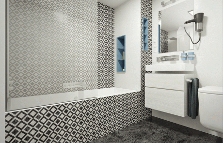 Render interior de baño. Alicatado geométrico en blancos y negros, detalles de interiorismo en azul.