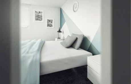Render interior de dormitorio. Cámara dentro del armario con desenfoque y tonos azules poco saturados.