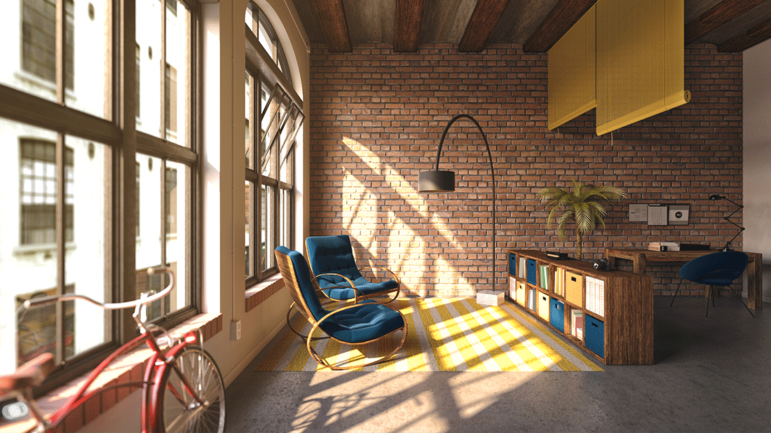 Render interior de loft industrial. Interiorismo con techo y ladrillos de tabiquería vistos, colores azules y amarillos en contraste con los granates.