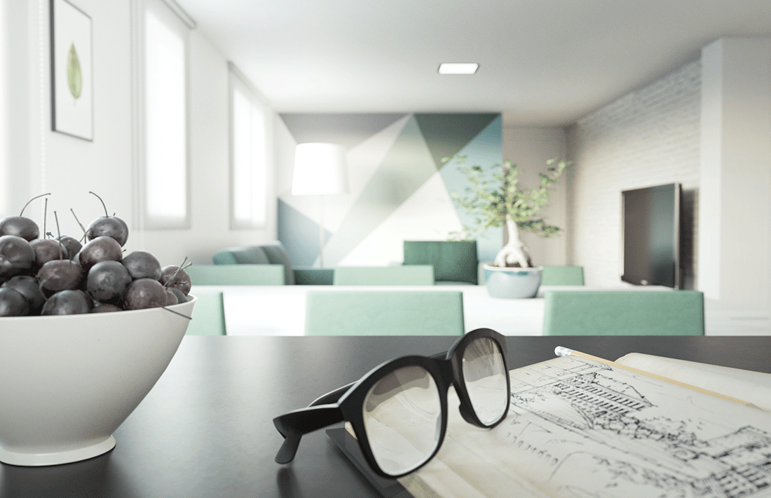 Render de detalle. En primer plano unas gafas y un bol con cerezas, al fondo desenfocado el salon en tonos verdes.