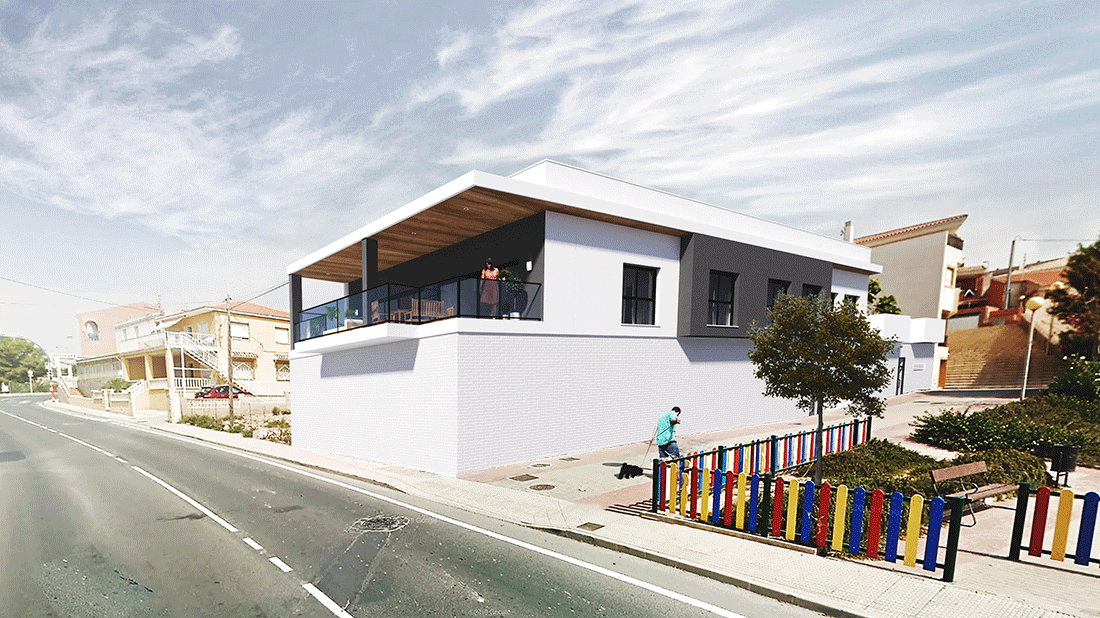 Render exterior de vivienda. Terraza cubierta a la calle, con techo de madera, planta baja de ladrillo pintado de blanco y detalles compositivos en gris oscuro.