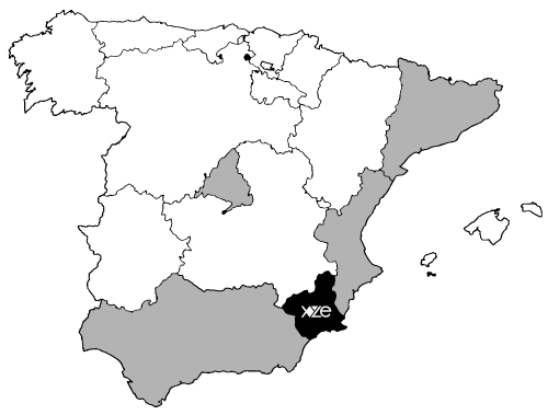 Mapa de España con las provincias. Coloreadas en gris Cataluña, Valencia, Andalucía y Madrid como lugares donde hemos trabajado. Coloreada en negro con el logo de XYZE Murcia.